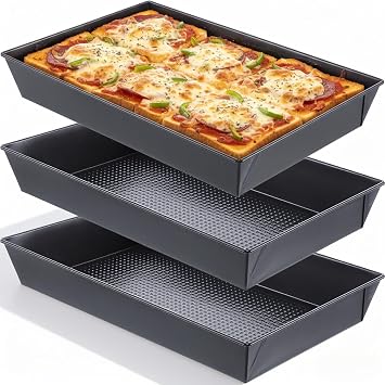 3 Pcs Detroit Style Pizza Pan 10x14x2.5 Non-Stick Rectangle Deep Pizza Pans Heat-Resistant Pre-Seasoned Detroit Deep Dish Pizza Pan Carbon Steel Sicilian Style Pans Dish Bakeware