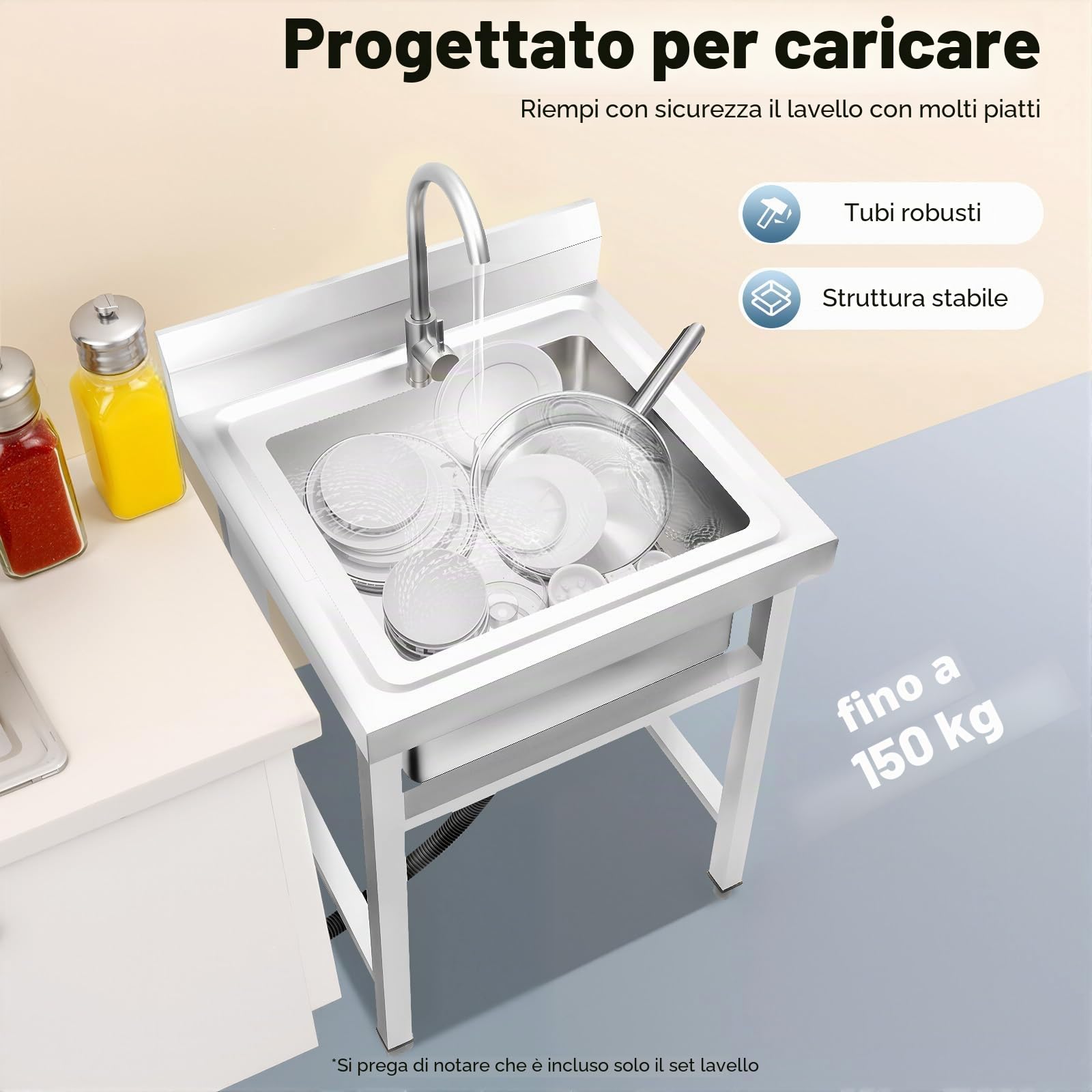 Generico Lavello Indipendente in Acciaio Inox 1 lavabo lavello Esterno con rubinetti Caldi e Freddi e Altri Accessori lavello Ristorante Commerciale per Esterno Interno Cucina Ristorante 93