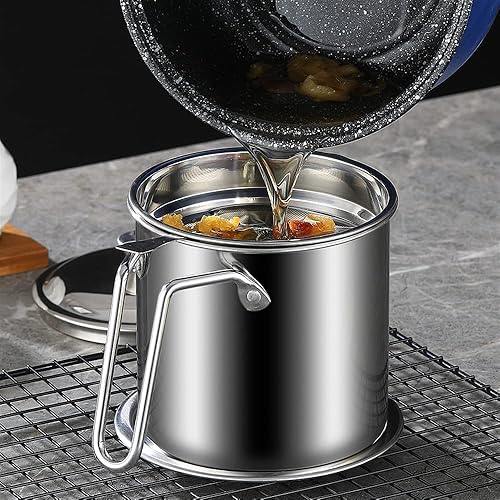 Miniatura 2 de Contenedor de grasa con filtro de malla fina olla tanque de almacenamiento de aceite de cocina (1.3L Acero inoxidable 410)