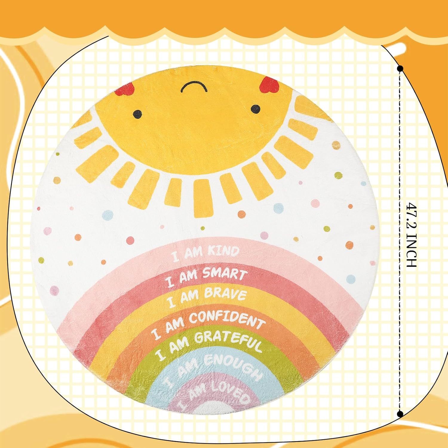 Tinideya 3.94 ft Rainbow Circle Nursery Rug 47.2‘' Boho Washable Non-Slip Positive Words Round Sun Rug for Playroom Soft Colorful Nursery Mat for Calming Corner Classroom Home Bedroom Reading Decor