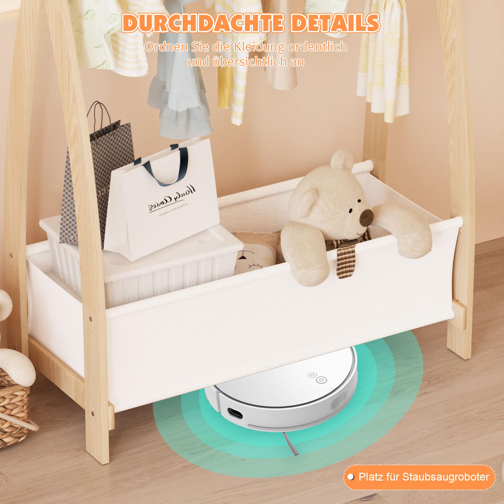 KEEPREAPER Kinder Kleiderständer Holz, Garderobenständer mit Aufbewahrungskiste und Kleiderstange, Kindergarderobe für Kinderzimmer, Mädchen (82 x 43 x 180cm)