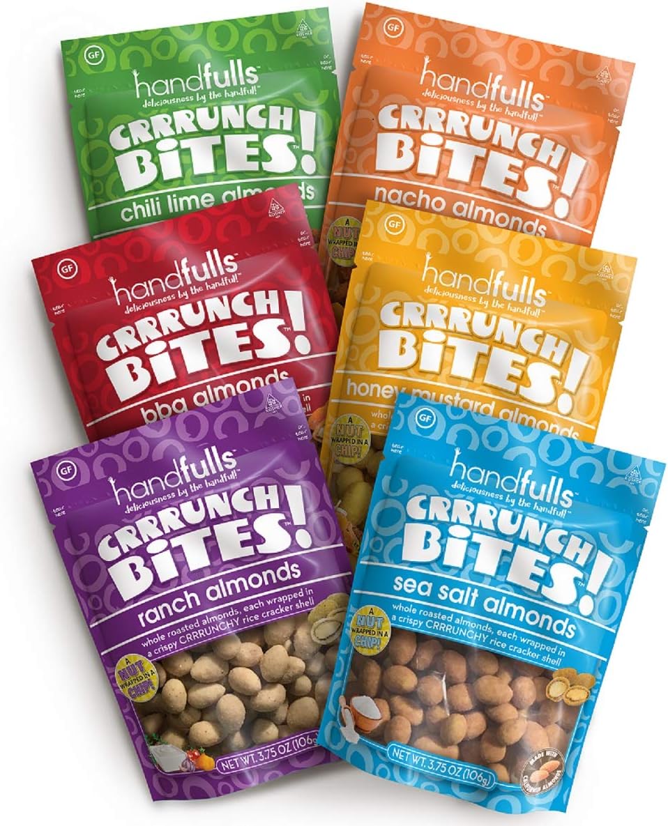 CrrrunchBites ALL FLAVOR Almonds Variety (6 Bags) | Try All 6 Original Flavors | Crunchy Coated Whole Roasted Almonds | Gluten Free, Non-GMO, Vegan | Flavored Nuts by Handfulls (3.75 oz Share Bags)