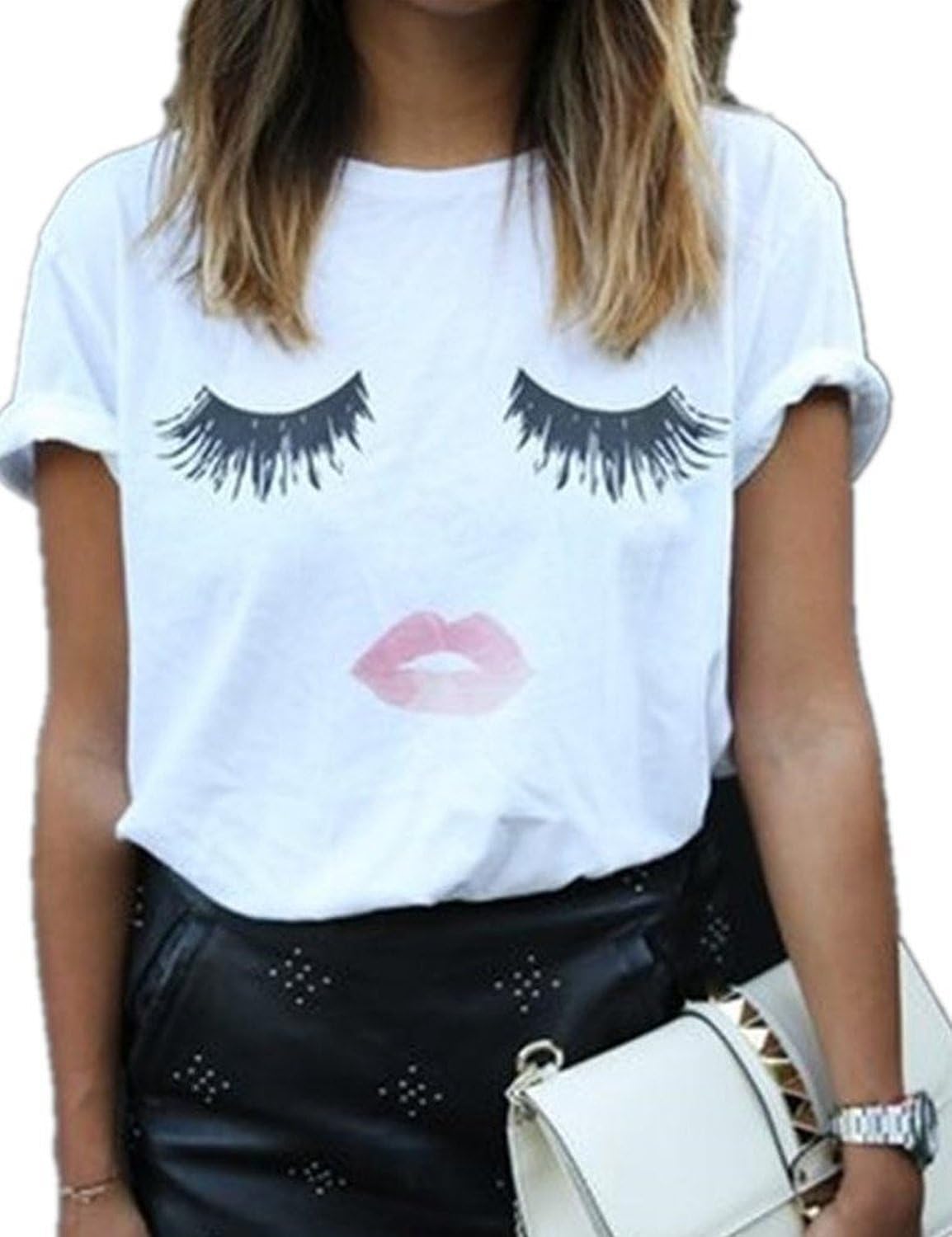 AisuVolvo Summer Fashion Women Cute Eyelash Lips Printed Short Sleeve Tops Blouse Casual T Shirt (L-6(Tag XXXL), white)
