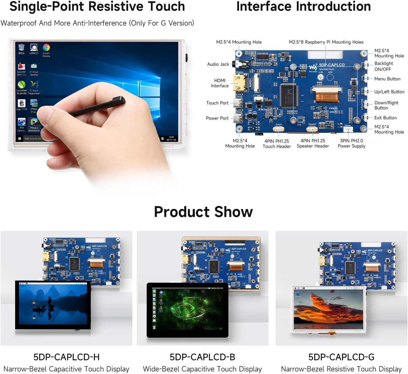 waveshare 5inch High-Brightness Touch Screen, Compatible with Raspberry Pi 5/4B/3B/Zero/Zero W/Zero 2W/Pico/Pico W/Pico WH, Supports Windows 11/10/8.1/8/7 & Jetson Nano, Narrow-Bezel Capacitive Touch