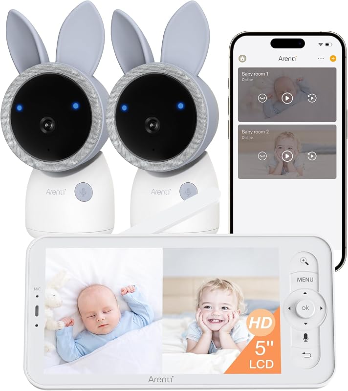 Baby Monitor 2 Cameras A4 Set, 2.5K 5G WiFi,360-Color RGB NL,SD Slot | Split Screen, 5'' Upgraded Wireless Display, 2.4G&5G with APP, Access Log,1-Click Call, Humidity&Temp Monitoring, AI Tracking