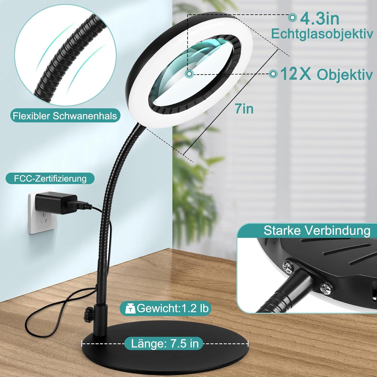 12X Lupe mit Licht und Ständer, 5 Farbmodi Dimmbar, Flexible Schwanenhals LED Schreibtischlampe Hände Frei für Malerei, Kunsthandwerk, Hobby, Nähen, Schließen Arbeit
