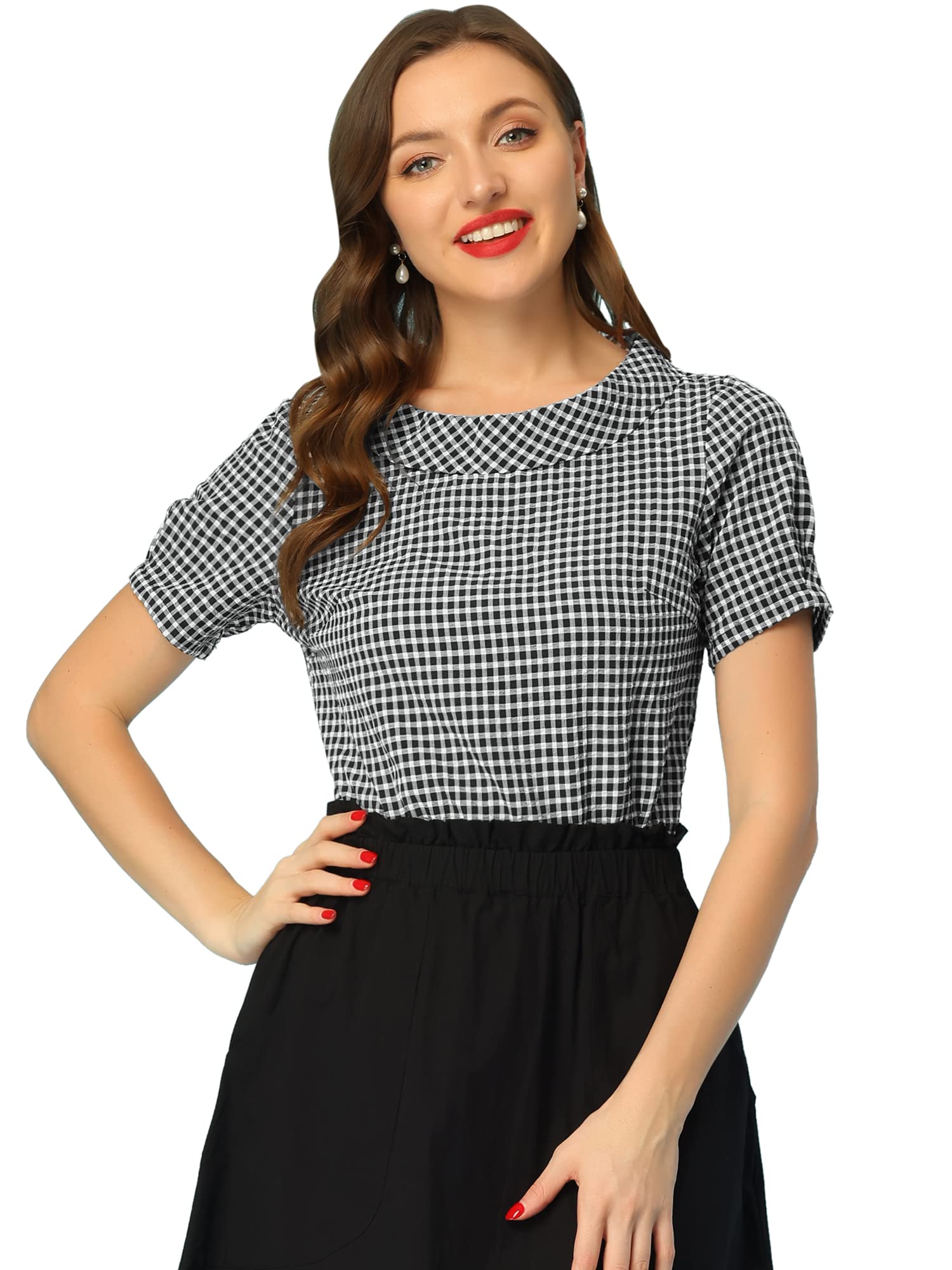 Allegra KWomen's 1950s Round Collar Short Sleeve Gingham Tops