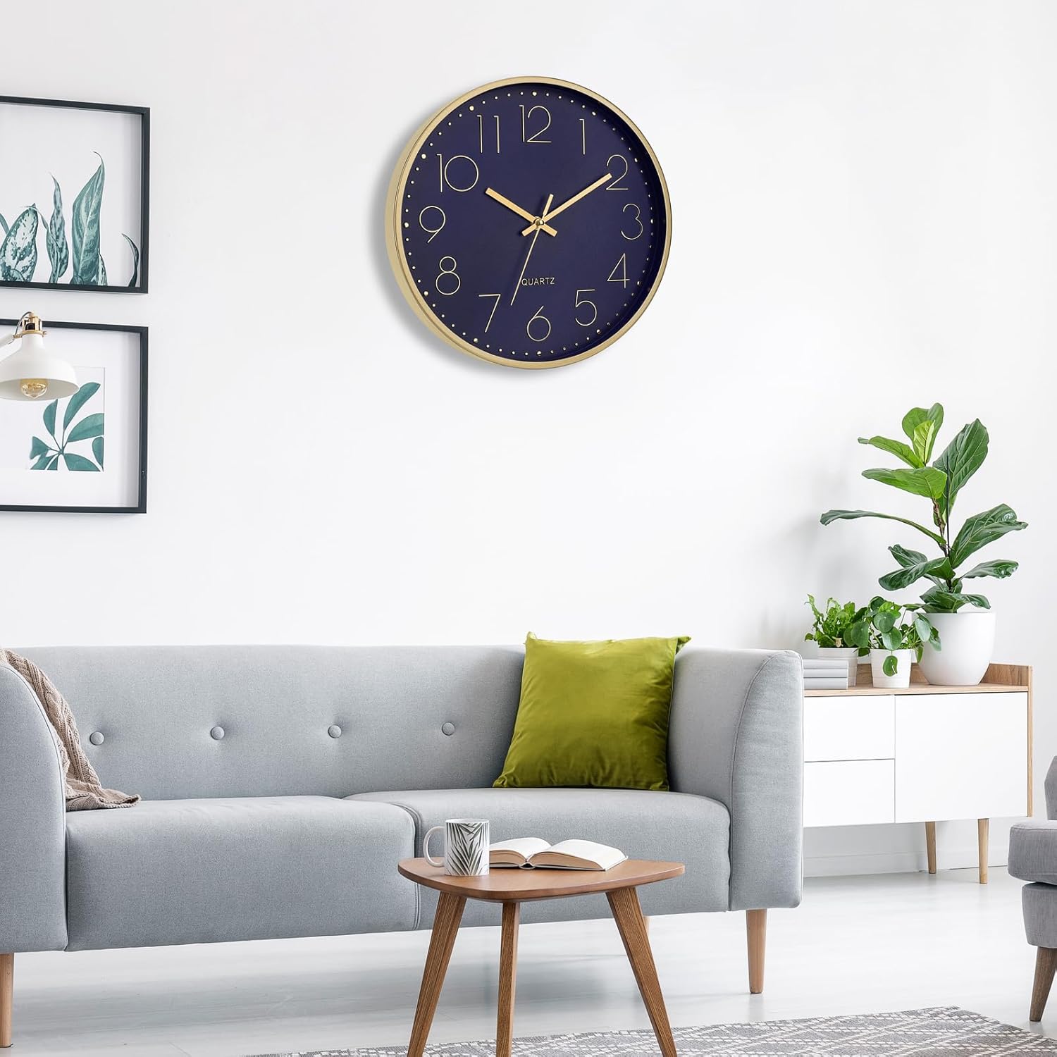 Foxtop Modern Wall Clock 12 Inch Silent Non-Ticking Battery Operated Round Quartz Gold Wall Clock for Living Room Bedroom Kitchen Office Classroom Decor (Dark Blue Dial)