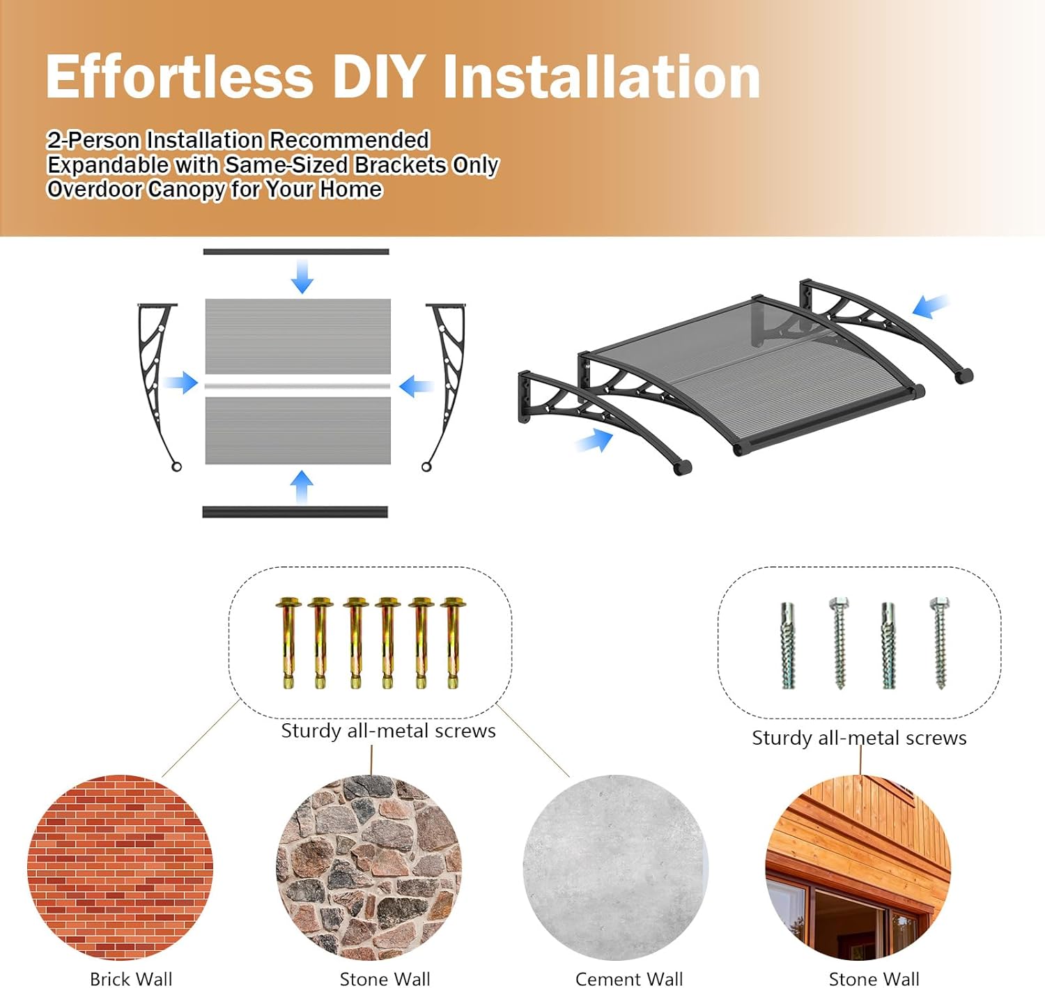 Awning for Door Entrance,32x40 Inch Polycarbonate Window Canopy Exterior with Drainage,UPF 50+ Rain Snow Sun UV Protection,Spliced Overdoor Awnings for Outside,Doors, Patio, Porch, Deck