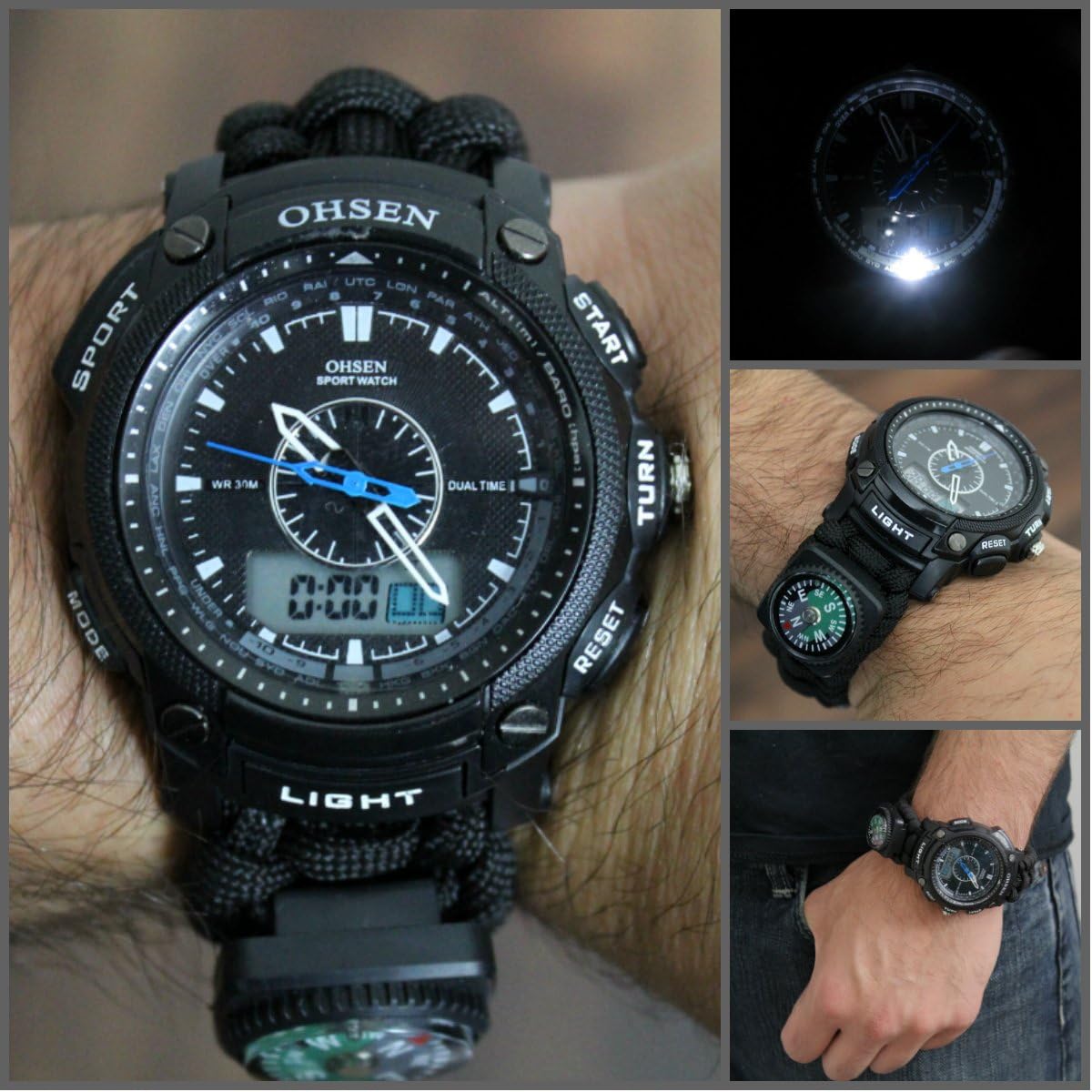 227 - Tactical Survival Paracord Watch w/Firestarter - Knife - Stopwatch - Calendar - Alarm - Compass and More