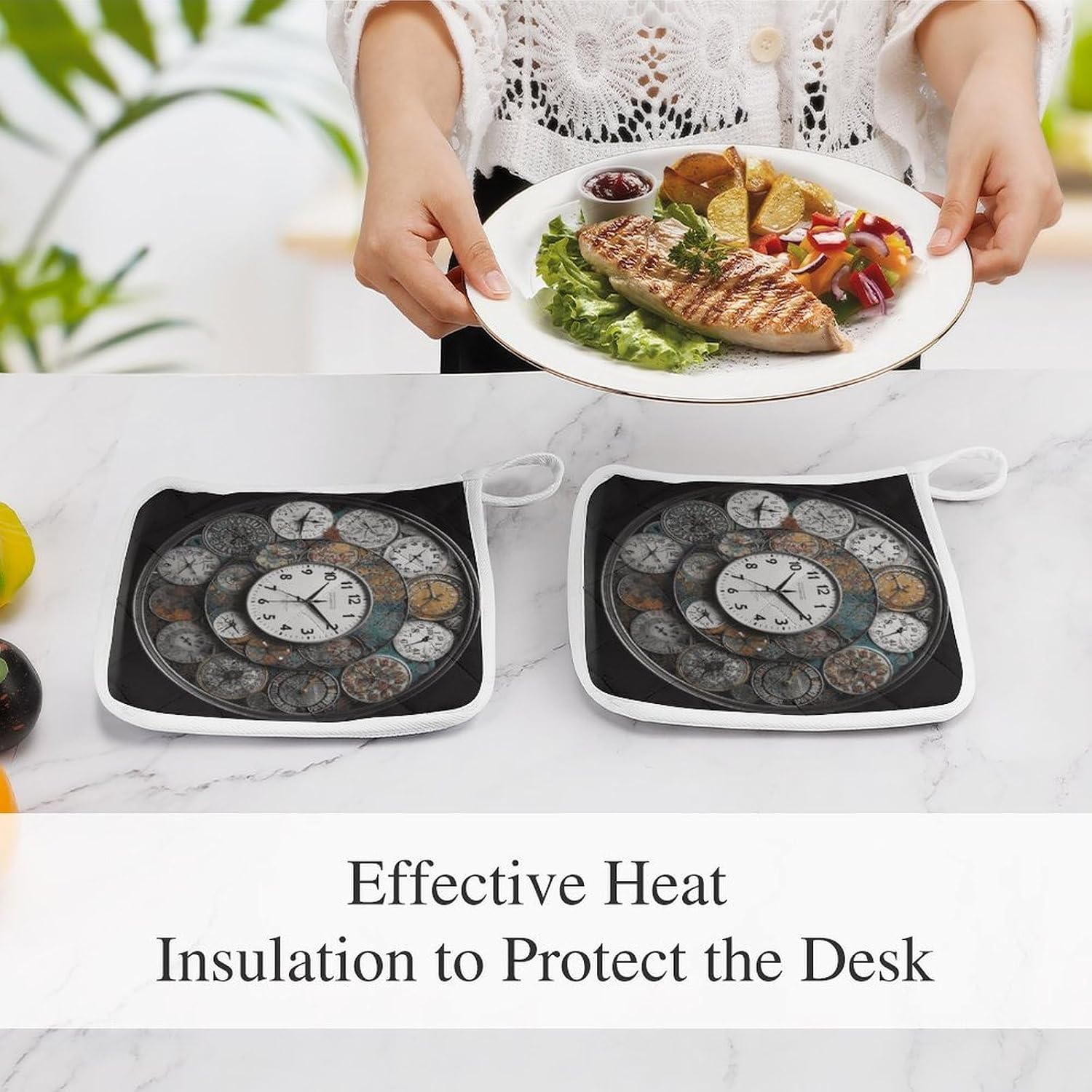 Clock Art Polyester Heat Resistant Pot Pad Non Slip Anti Scald Hot Dish Mat Reusable Table Protector for Kitchen Hot Pot Mat Wear Resistant Heat Proof Table Pad for Countertop Dining Room