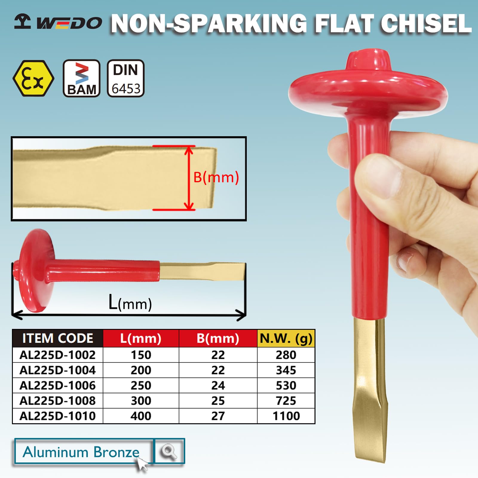 WEDO Cincel de mampostería sin chispas, cincel plano, cincel de ladrillo, cincel de roca, cincel de cemento, cincel de hormigón con protector de mano de grosor, bronce de aluminio, longitud 150 mm,