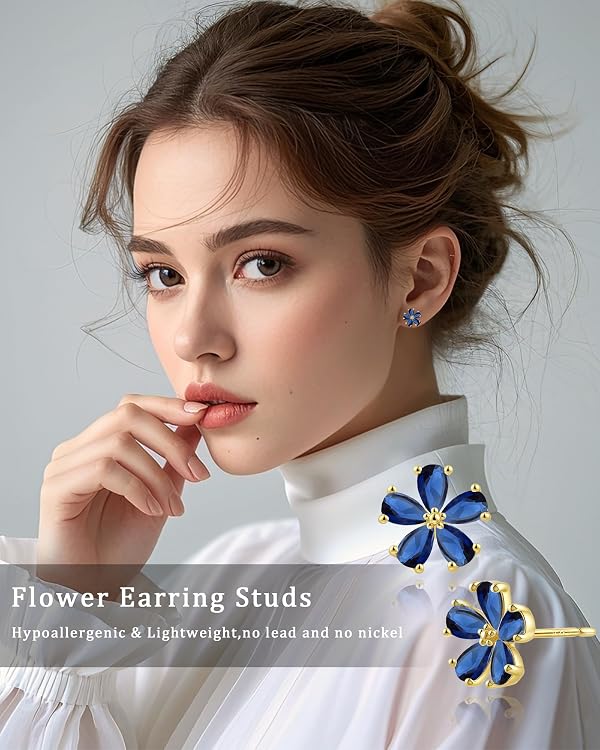 Hypoallergenic Blue Flower Stud Earrings for Women | Dainty 14K Gold Plated Sapphire Jewelry with 925 Sterling Silver Post | Gifts for Sensitive Ears, Daily & Occasions by Elaximn - Image 3