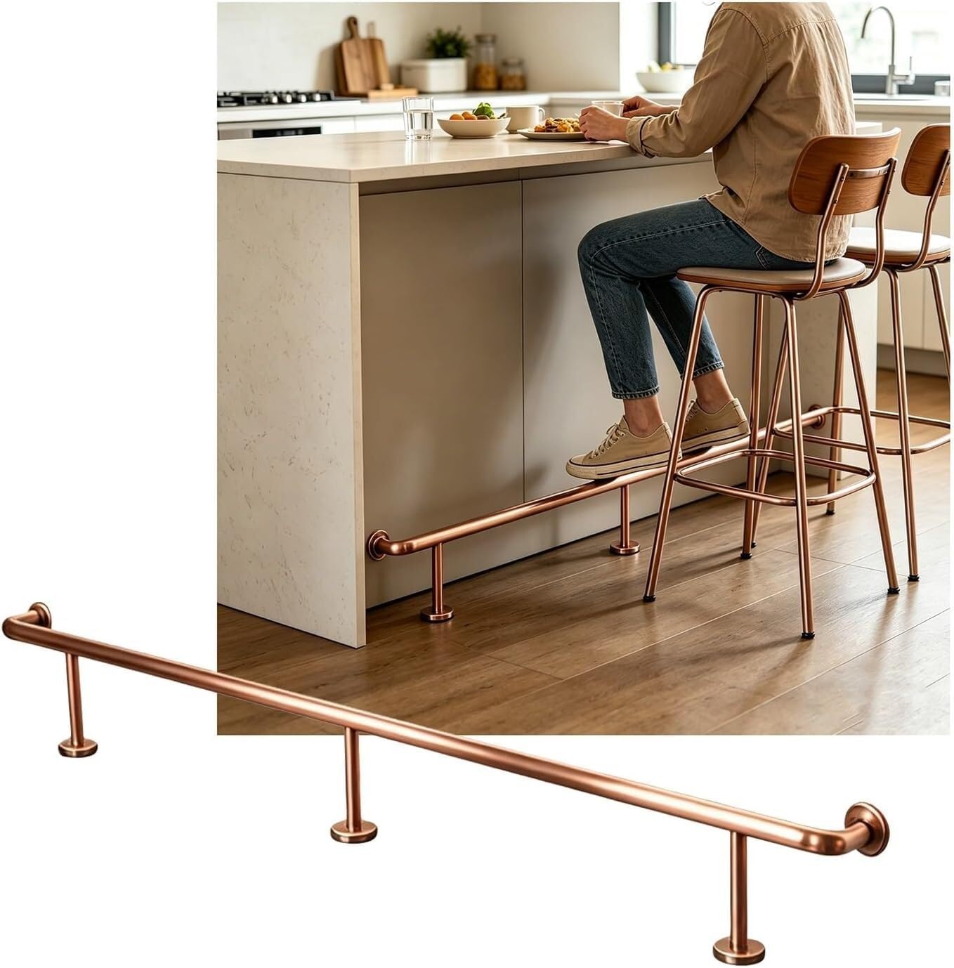 Epano Rose Gold Lxxw Bar Foot Rail Bar Foot Rail Kit, 3.28~16.4Ft Rails Stainless Steel Feet For Restaurant Library Reception Desk(,5.0M/16.40Ft)