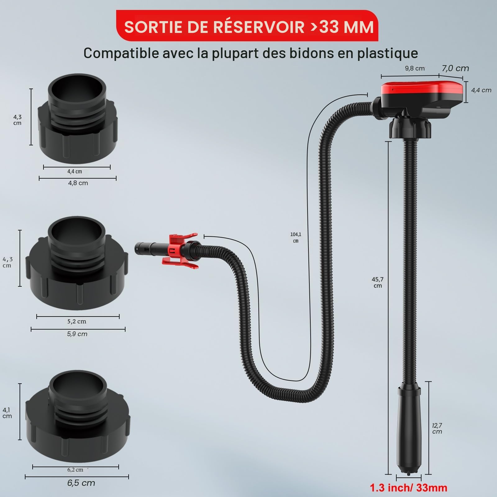 Pompe de transfert de carburant avec capteur d'arrêt automatique, pompe électrique adaptable de 3 tailles, tuyau flexible pour la plupart des canettes
