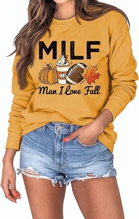 Milf Sweatshirt, Man I Love Football Shirt, Sunday Football Sweater Women Crewneck Pullovers Tops Football Mom Gifts