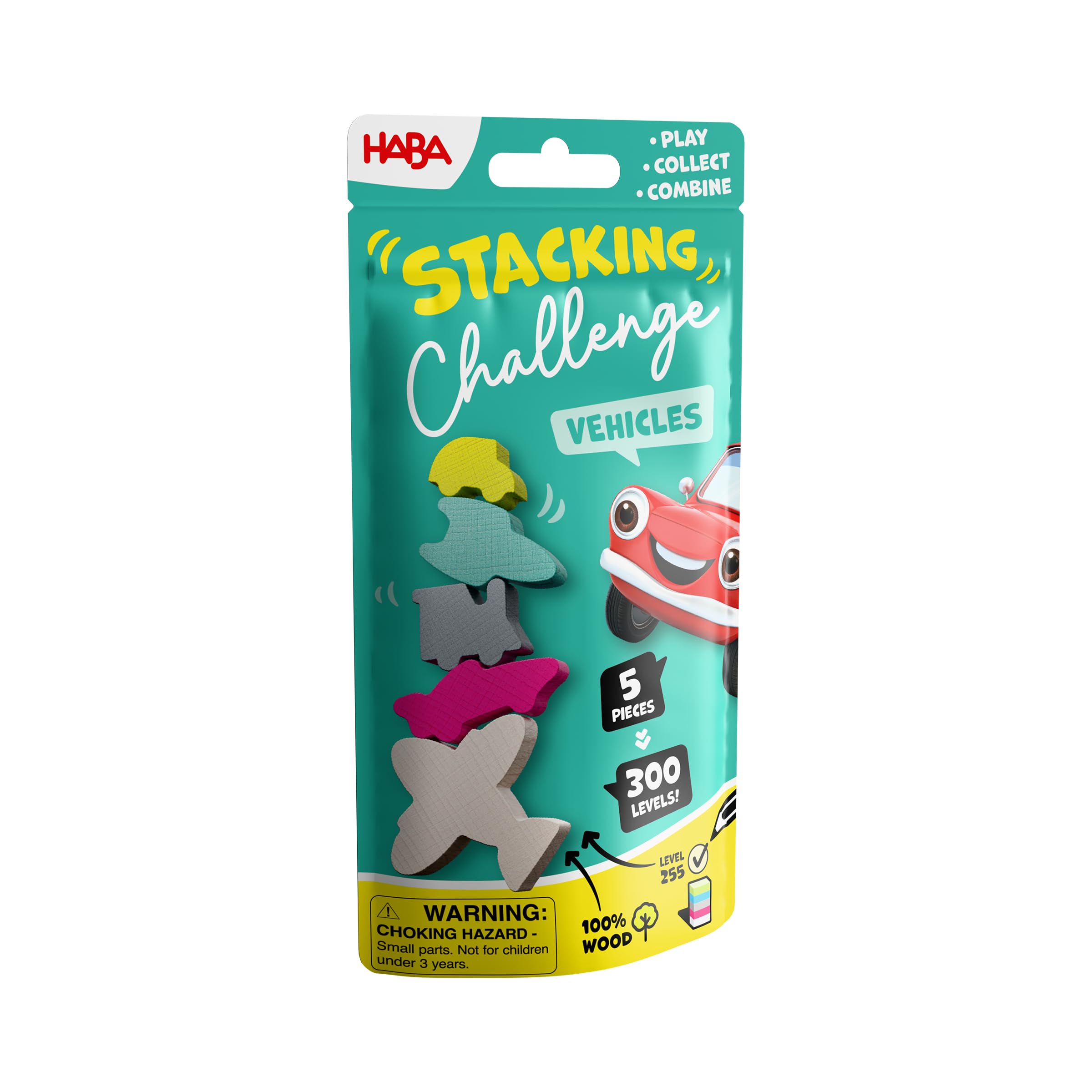 HABA 2013868001 - Stacking Challenge Vehicles, Juego Infantil con retos de apilar, Solitario, de Viaje. Más 6 años