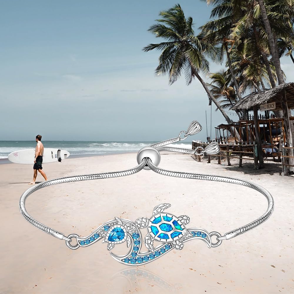 Turtle Bracelet for Women Blue Opal Sea Turtle Bracelet Sterling Silver Tortoise Beach Summer Mother Daughter Adjustable Blue Turtles Jewelry - Image 7
