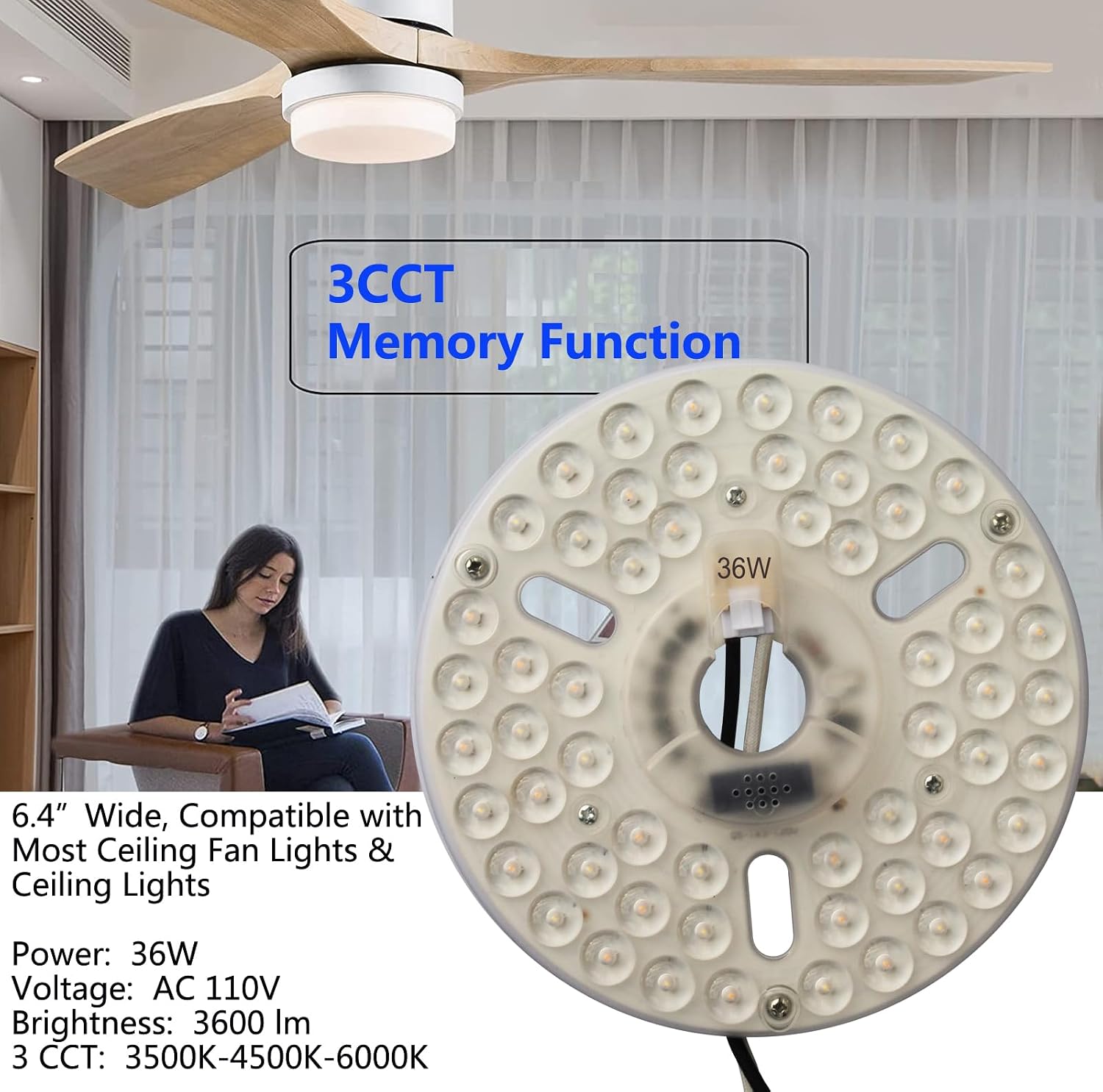 36W 5.3" LED Ceiling Fan Light Kit Replacement Board Panel with 3 Color Temperature Memory Function
