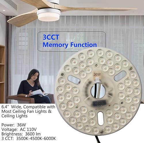 Miniatura 2 de Kit de luz LED de ventilador de techo de 36 W y 6.4 pulgadas, panel de luz LED de repuesto, motor de luz LED con función de memoria de temperatura