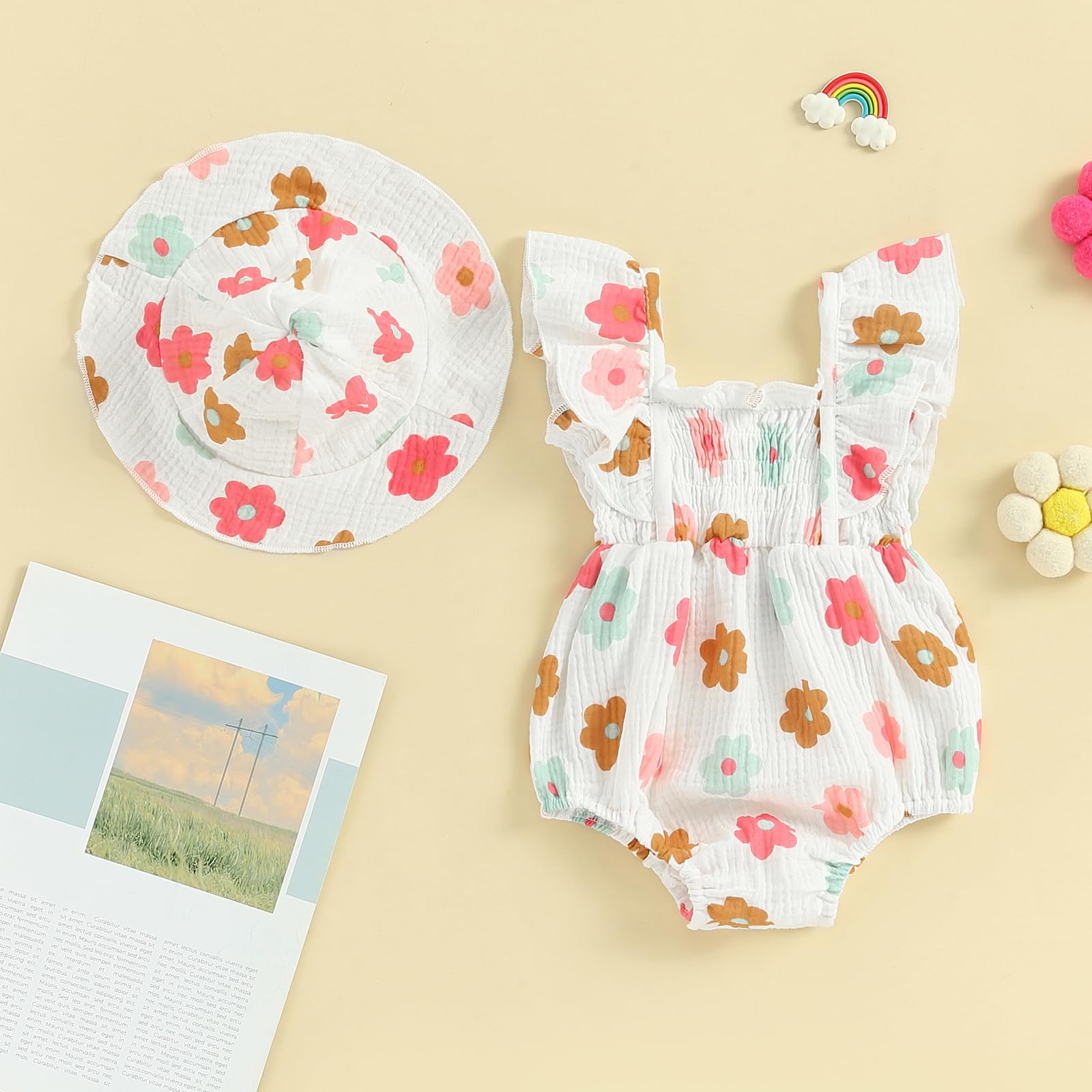 Rtnnsbbfcm Newborn Baby Girl Clothes Fly Sleeve Romper Floral Jumpsuit With Hat Infant Baby Girl Summer Cute Outfit (Flower Bubble Romper, 0-3 Months)