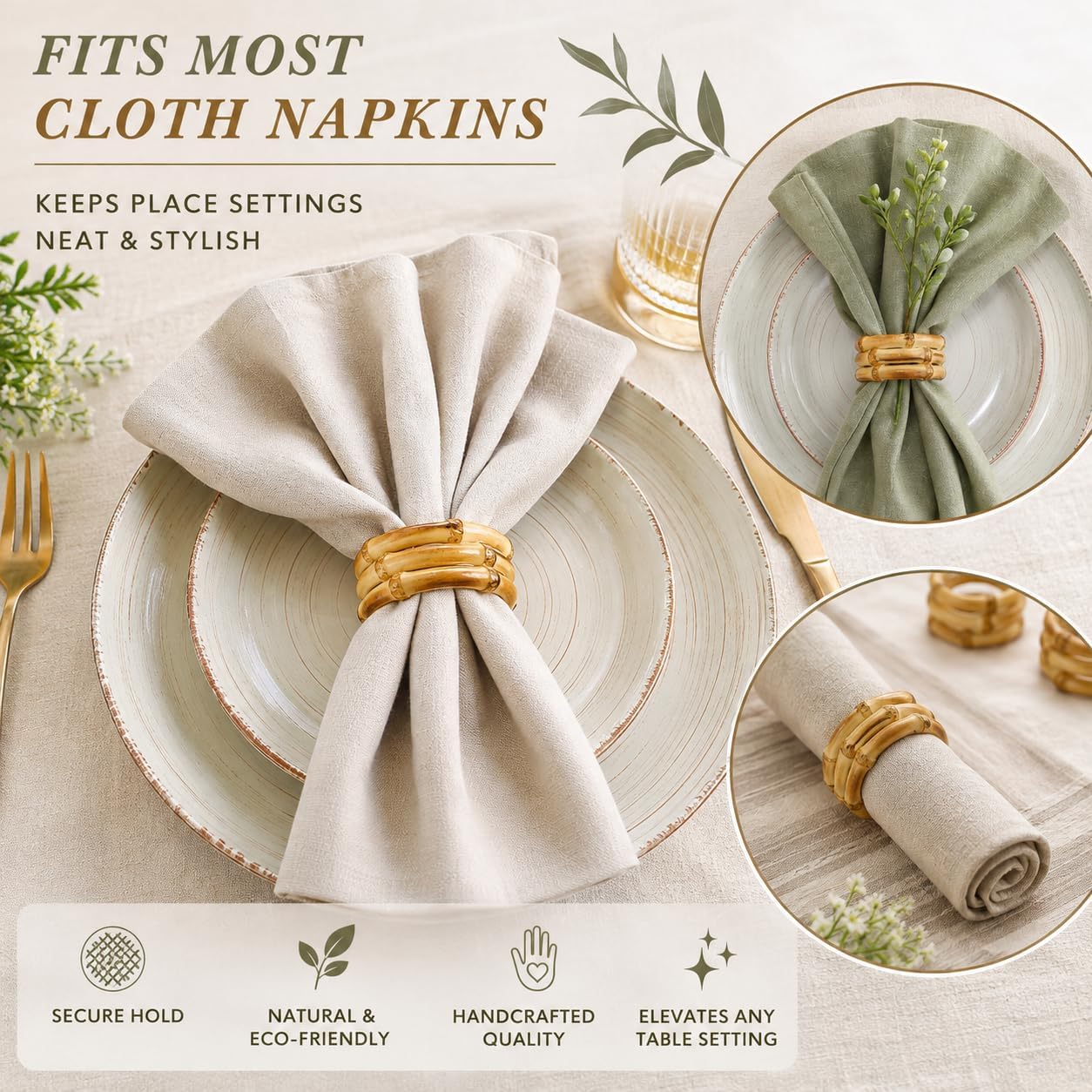 8 Pack Natural Bamboo Napkin Rings, Napkin Holders for Wedding Table Decor