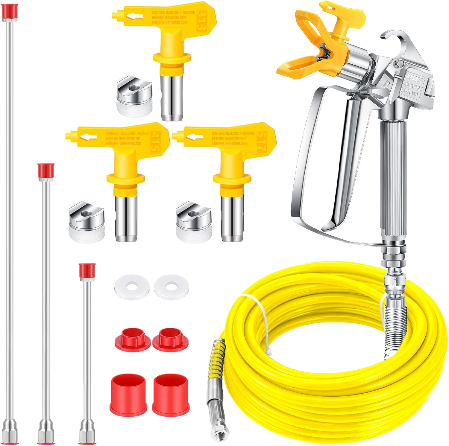 LEIFIDE 9 Pcs Airless Sprayer Gun Hose Kit 50ft 3600psi High Pressure Fiber Tube with Extension Rod Pole 313 415 517 Tip and Tip Guard Swivel Joint Paint Sprayer Hose Set for Homes Buildings (Blue)