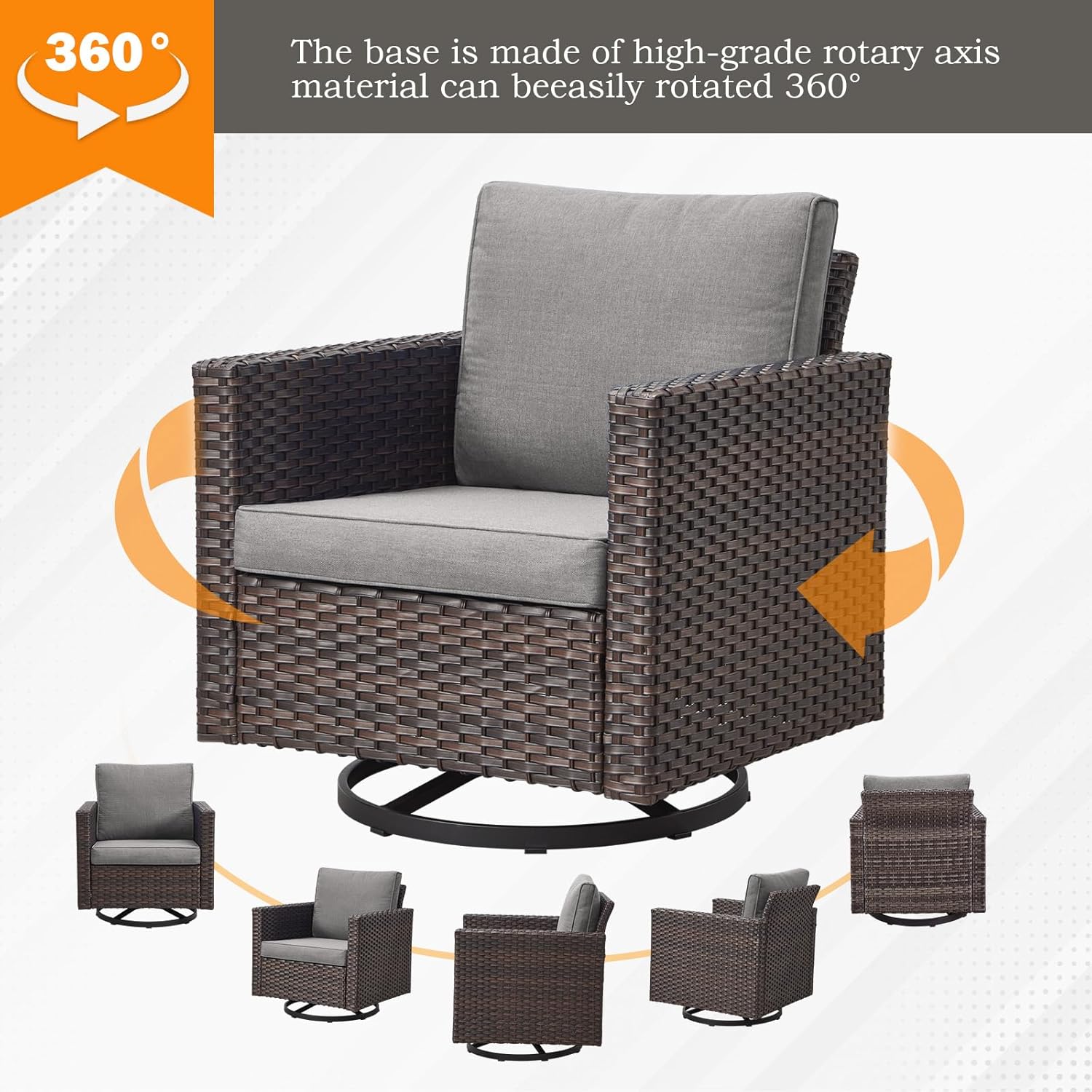 Patio Chairs Wicker Swivel Rocker - Oversize Patio Furniture Conversation Set Outdoor Swivel Glider 350LBS Max Load Outdoor Rocking Chairs with High Back for Porch Balcony Deck - Brown/Grey