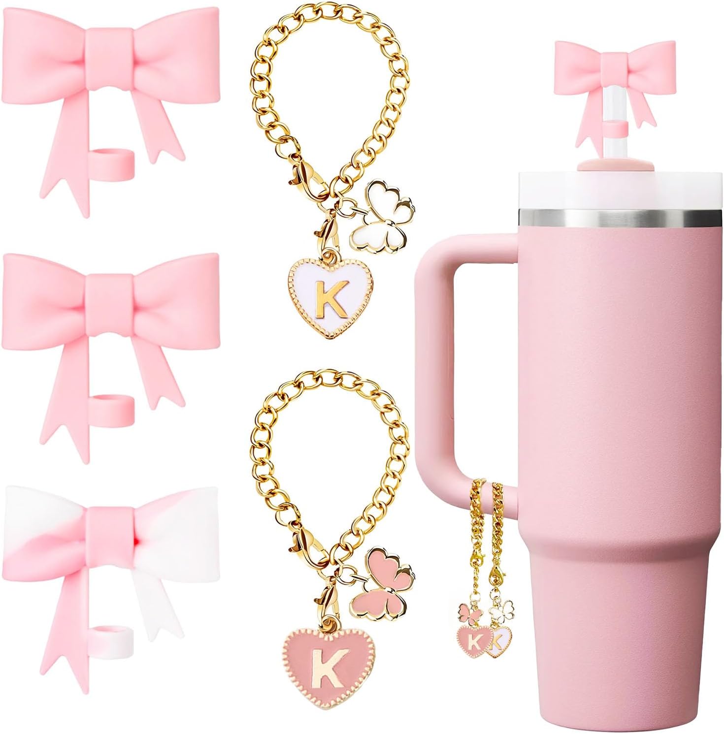 Pink Bow for Stanley Straw Topper- 3pcs Cute Cup Bow Straw Cover Silicone Cap 10mm with 2pcs Initial Letter Charms Name Id Personalized Accessories 40/30 Oz Tumbler Water Bottle Cups K