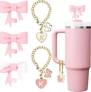 Pink Bow for Stanley Straw Topper- 3pcs Cute Cup Bow Straw Cover Silicone Cap 10mm with 2pcs Initial Letter Charms Name Id Personalized Accessories 40/30 Oz Tumbler Water Bottle Cups K