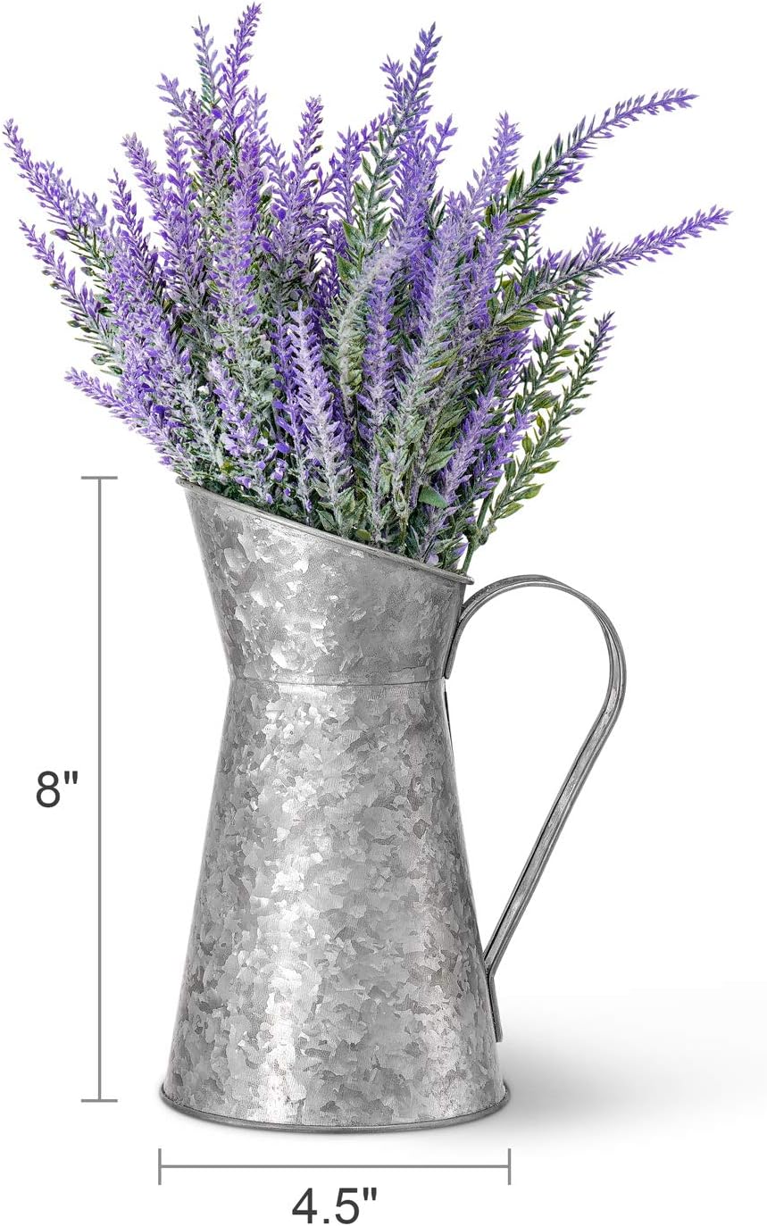 Dahey Galvanized Metal Jug Vase Rustic Style Metal Pitcher Flower Holder with Lavender Artificial Flowers Farmhouse Home Decor for Centerpieces Living Room Kitchen Bedroom Apartment Office,Silver