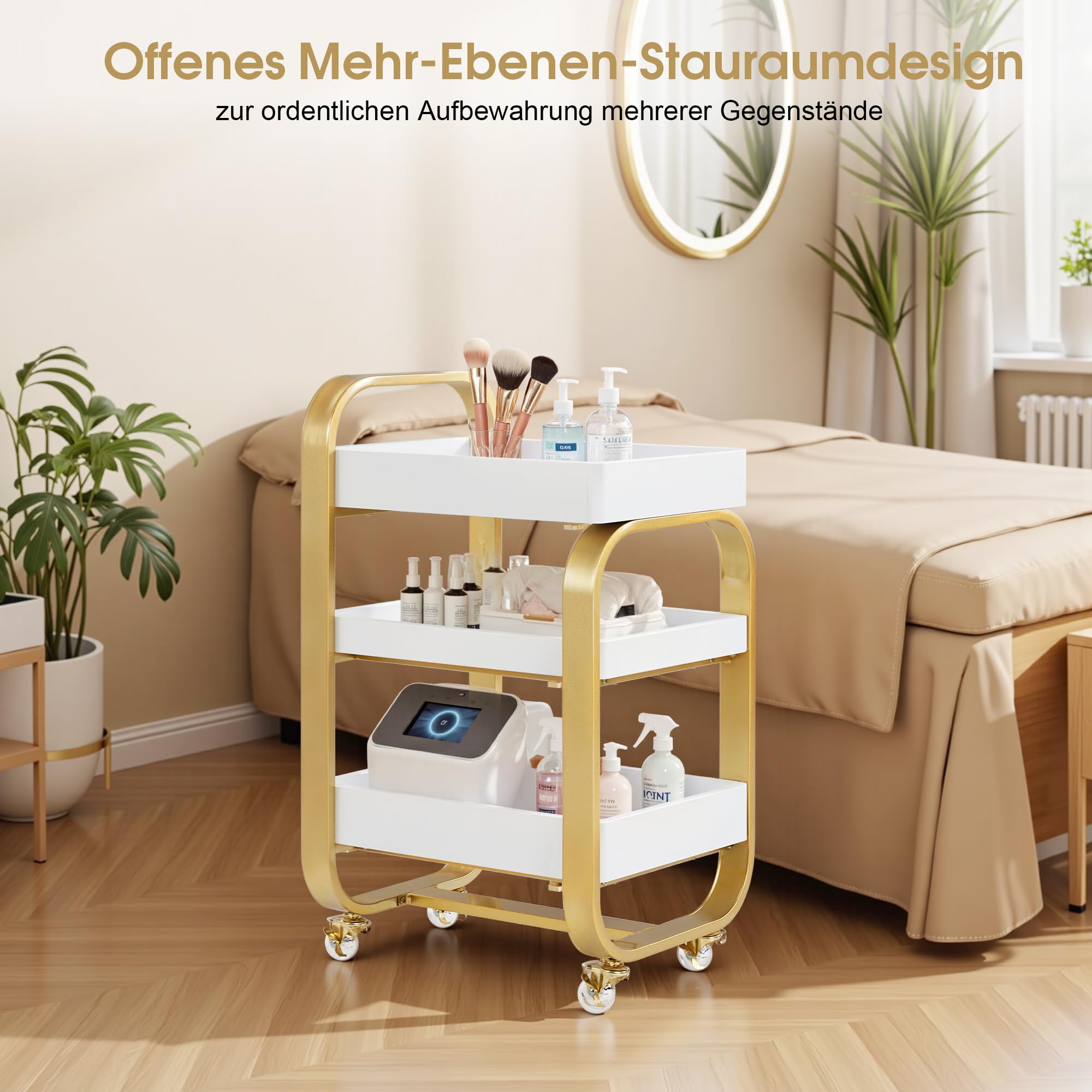Rollwagen Servierwagen 3-stufiger Stylisten Kosmetikwagen mit Rollen Arbeitswagen Kosmetik Moderner Arbeitswagen für Bad Wohnzimmer Beauty SPA Wagen Gold