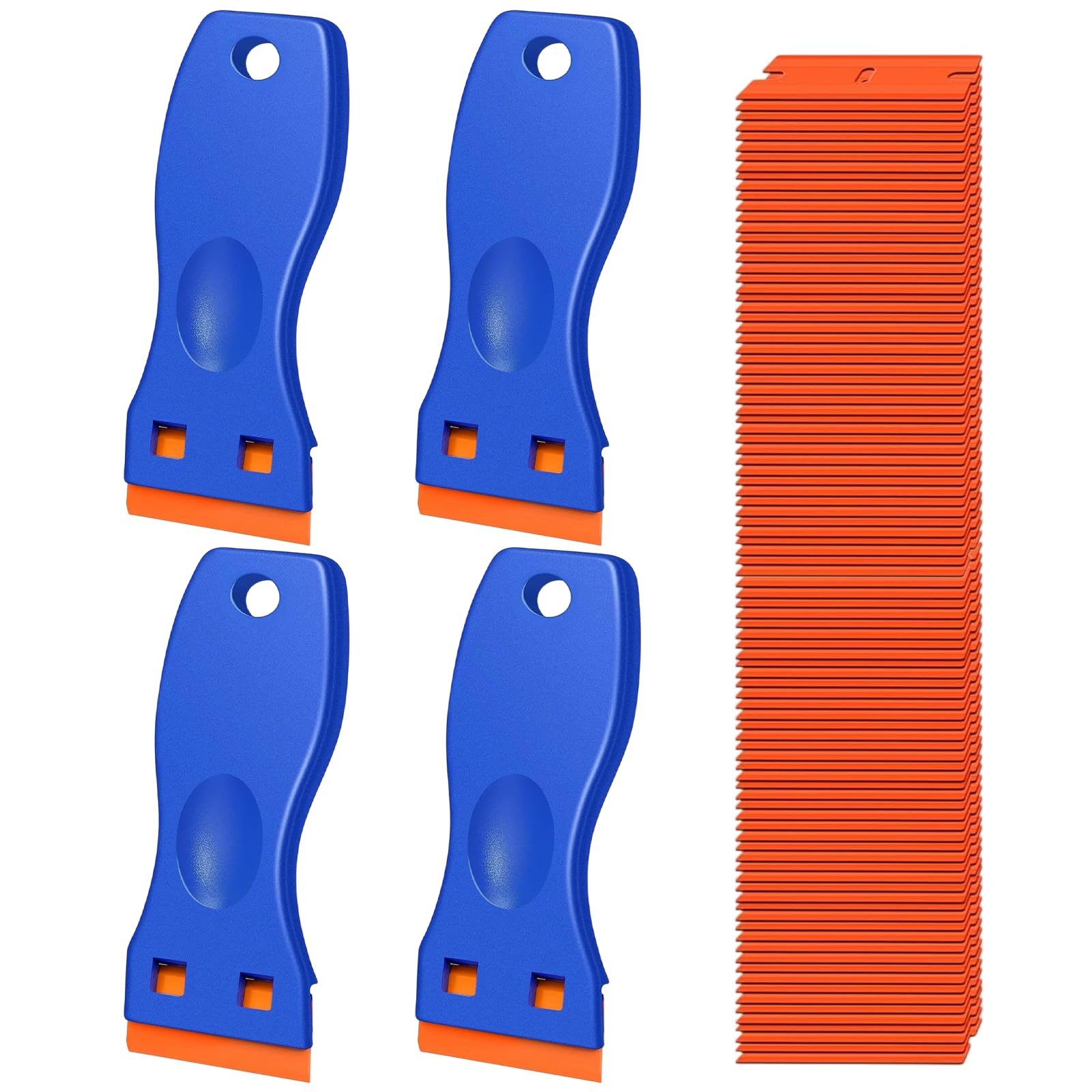 ZOCONE 4PCS Plastic Razor Blade Scraper with 120 Plastic Blades Multipurpose Cleaning Scraper for Removing Residual Glue Stickers Non Scratch Scrapers for Cleaning the Floor Car Windows and Door Gaps