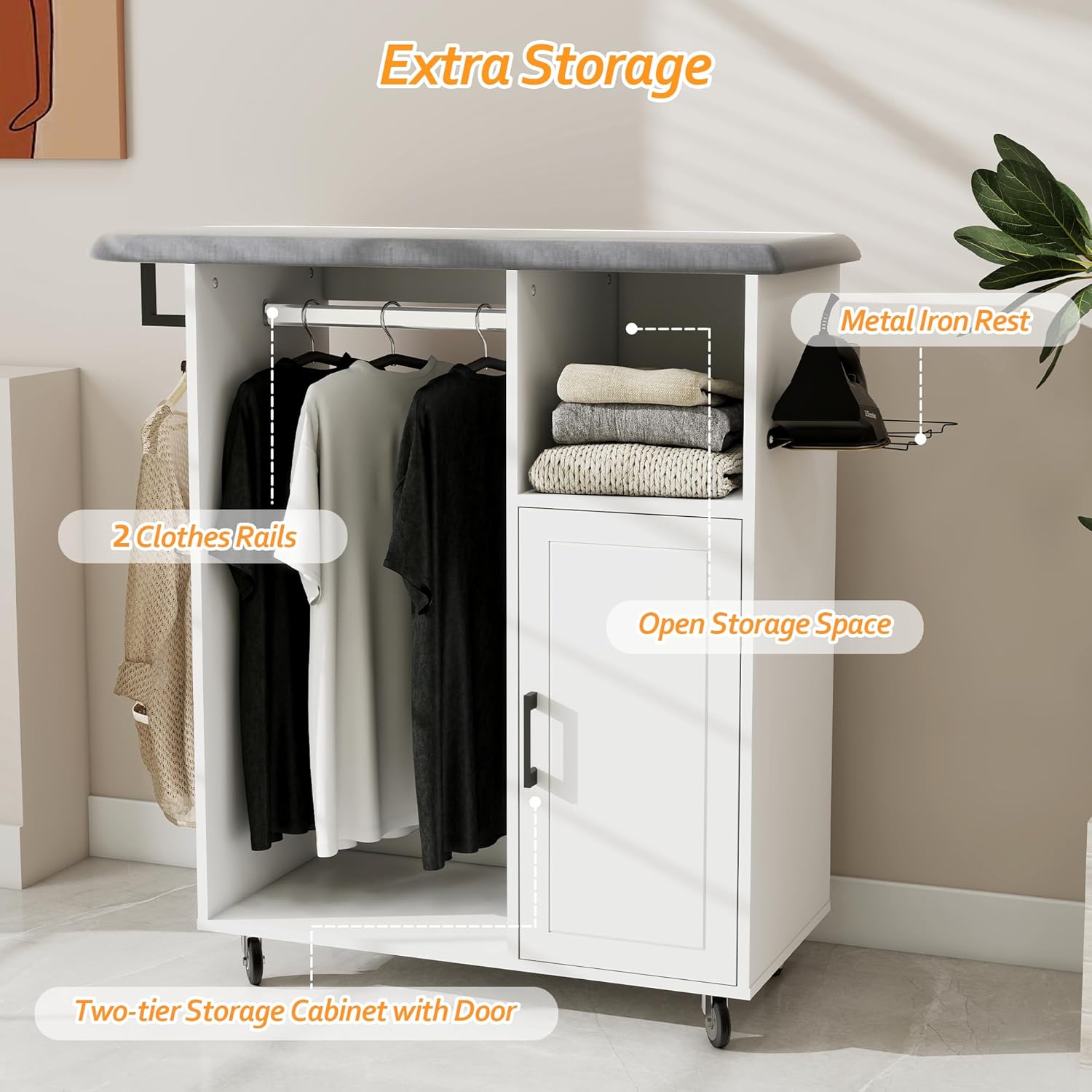 Ironing Board with Storage Cabinet, Rolling Ironing Board with Wheels, Sturdy Wooden Ironing Station, Storage Cabinet with Ironing Board Top, Compact Ironing Solution for Bathroom Laundry Room