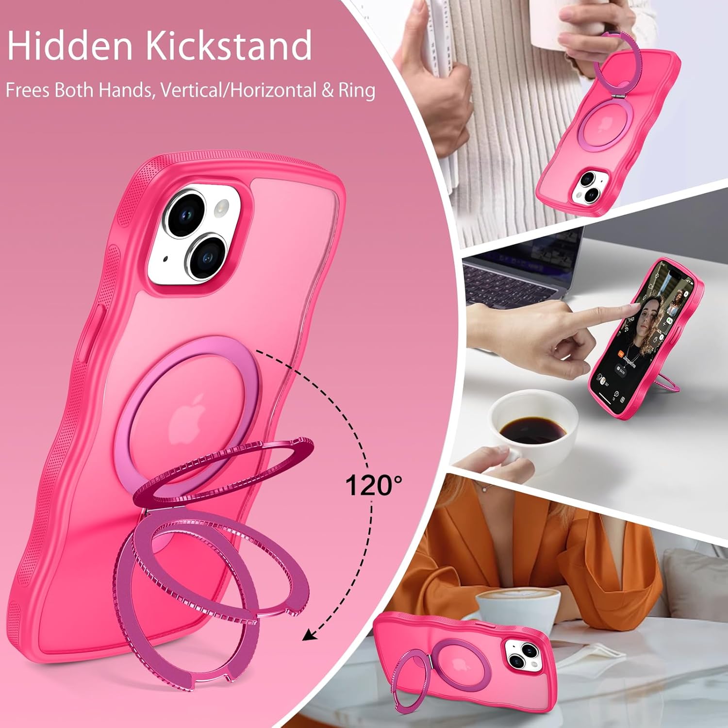 BENTOBEN for iPhone 15 Plus Case with Invisible Magnetic O-Ring Stand, [Compatible with Mag-Safe] Wavy Curly Magnetic Translucent Matte Shockproof Kickstand Cover for iPhone 15 Plus 6.7'' Hot Pink - Image 5