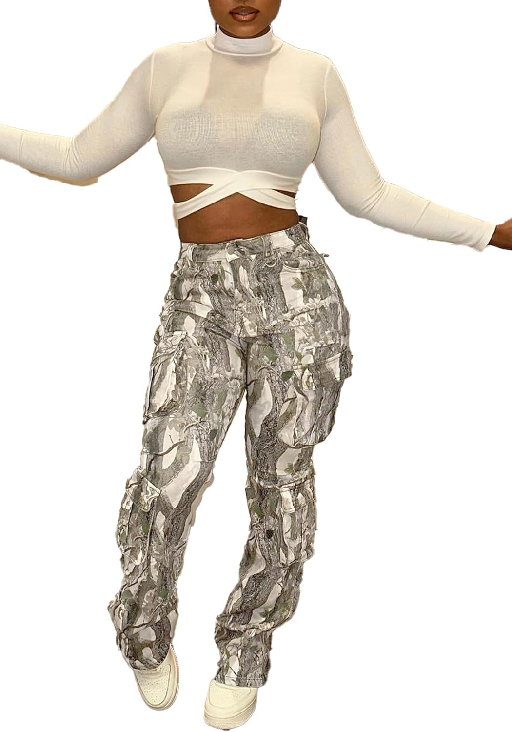 Women's Camo Cargo Pants High Waist Wide Leg Camouflage Army Fatigue Trousers with Pockets Sweatpants - Image 3