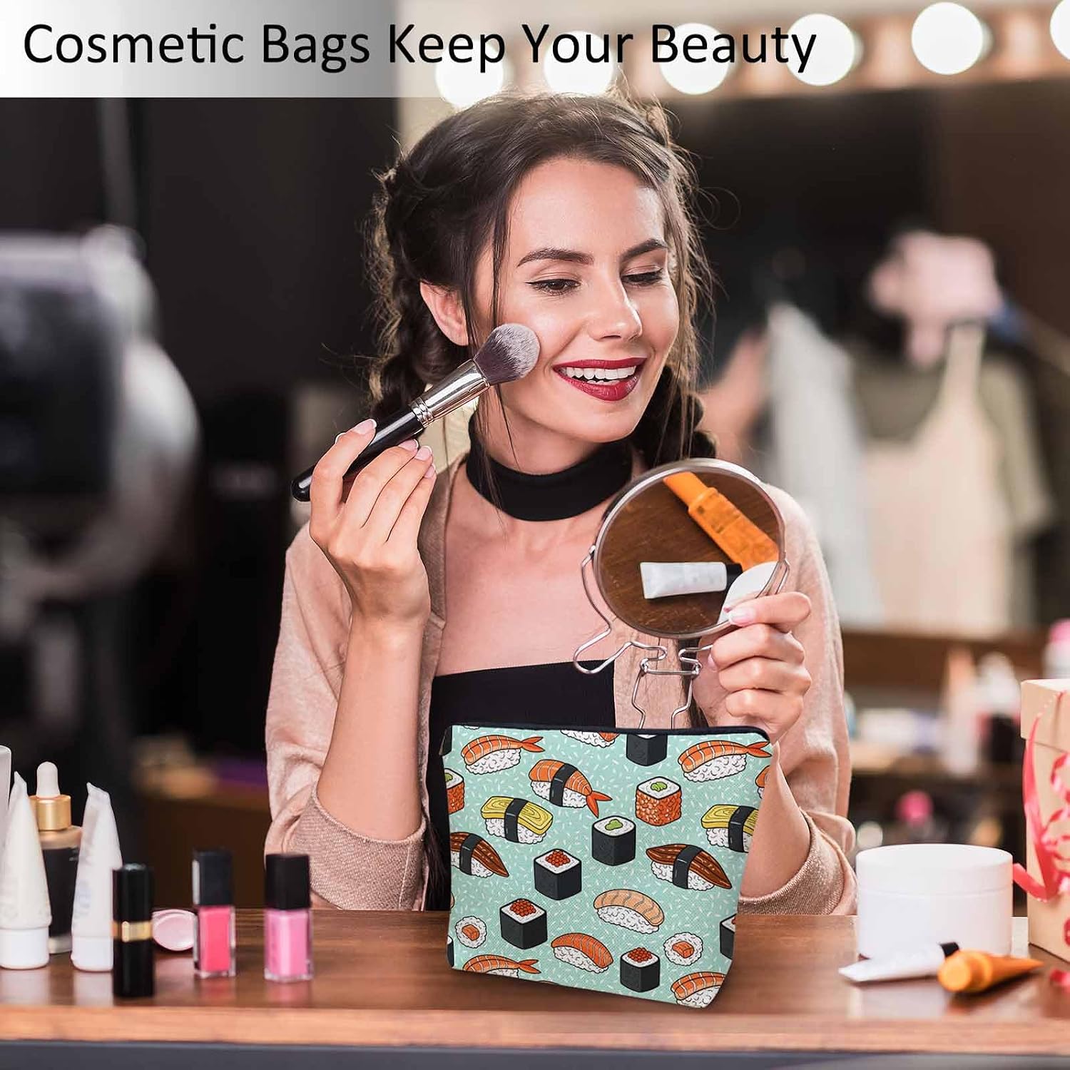 Sushi Cosmetic Travel Bag For Toiletries, Japanese Food Sushi And Rolls Makeup Bag Toiletry Bags For Women, Flax Cosmetic Bags Make Up Bag Purse Toiletries Bag Birthday Gift image 2
