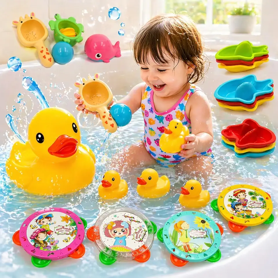Bichinhos para Banho Hora do Banho de Bebê Kit 11 Peças Com Patinhos de Borracha Mini Pandeiro Musical Brinquedos Flutuantes