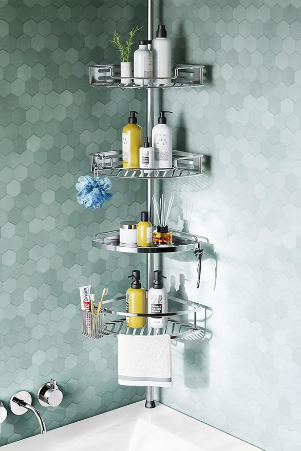 HAMITOR Corner Shower Caddy Tension Pole: Quick Installation 4-Tier Rustproof Bathroom Organizer Shelves for Bathtub Shampoo Storage - 47-121 inch Adjustable Floor Standing Bath Rack Holder - Silver