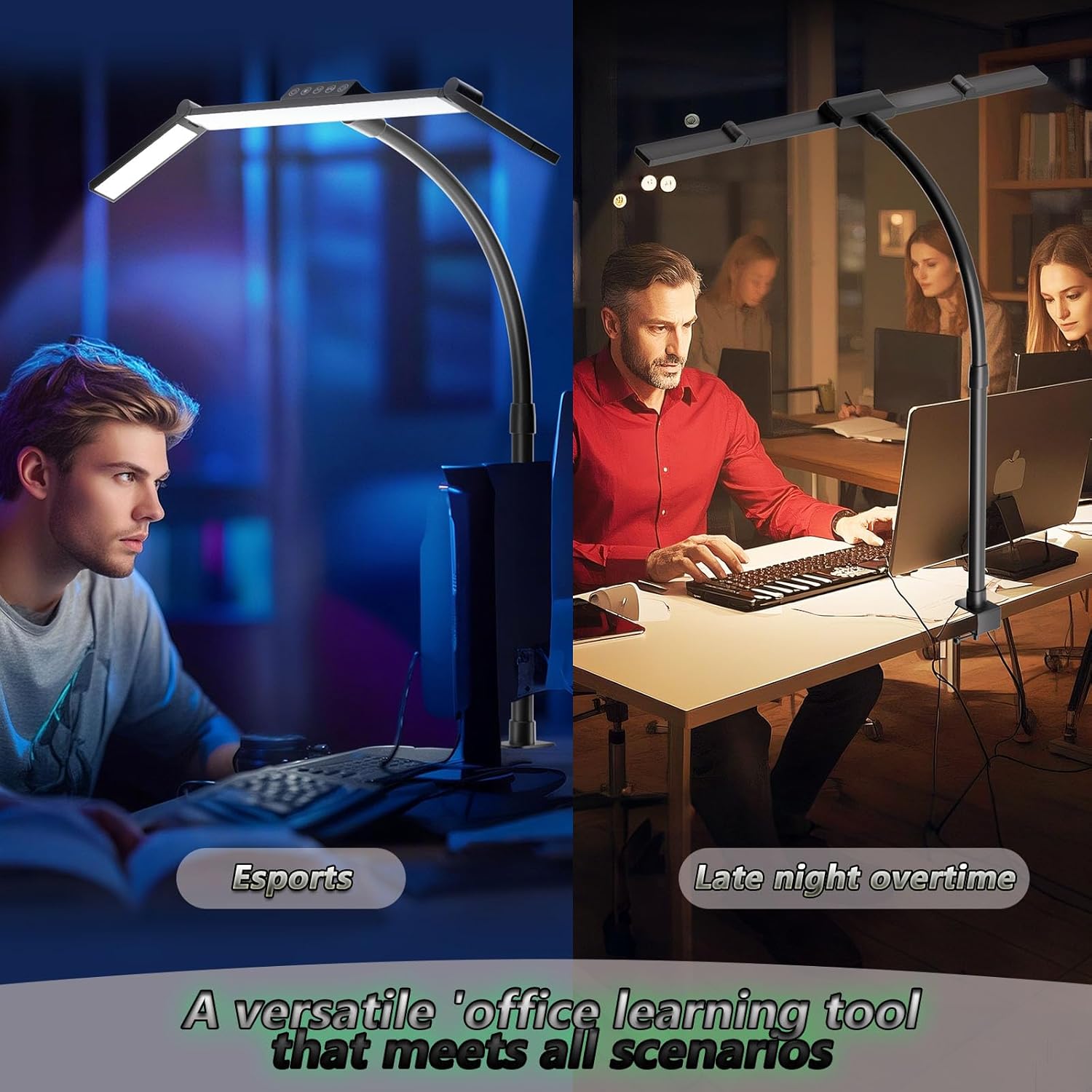 Architect Lamp with Clamp, Double Head Computer Monitor Gooseneck Desk Light with Remote Control, 24W Flexible Dimmable LED Desktop Table Lamp