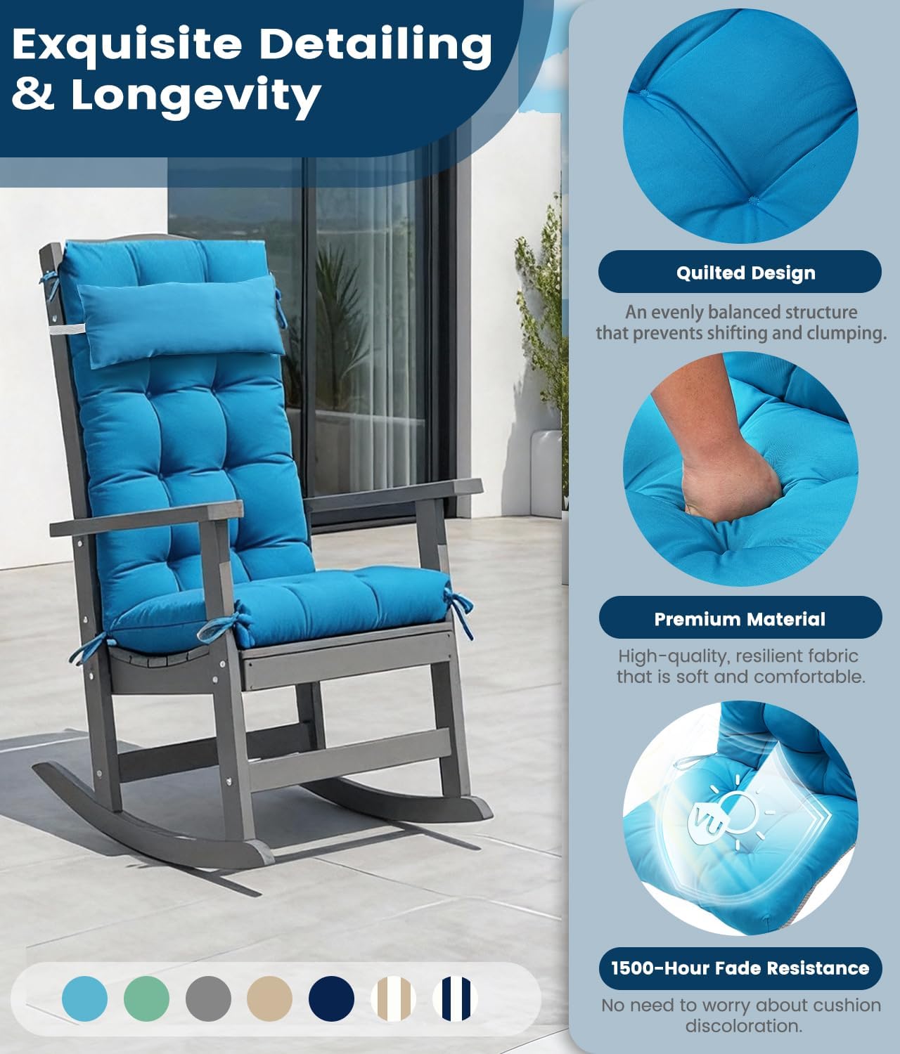 FOOWIN Rocking Chair Cushion Set of 2, Thickened Outdoor Chair Cushion,30×19.6×5.14 Inches, Rocking Chair Cushions Outdoor with Headrest and Ties, UV-Protected for Indoor Outdoor,Lake Blue