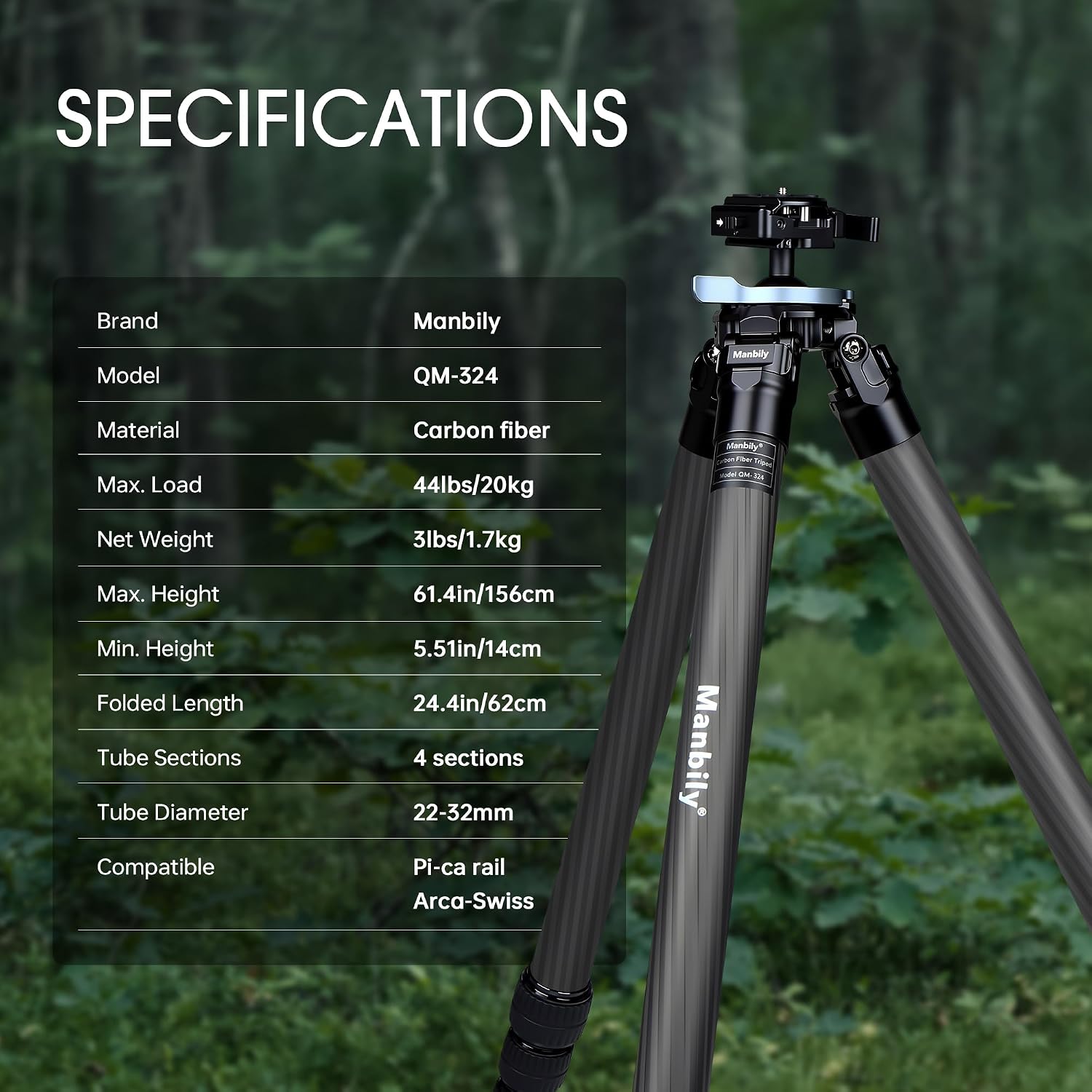 Manbily Shooting Tripod, Carbon Fiber Hunting Tripod with 32mm Legs and 38mm Ball, Picatinny to Arca Swiss Adapters, Max Load 44lbs (QM-324PA-Black)