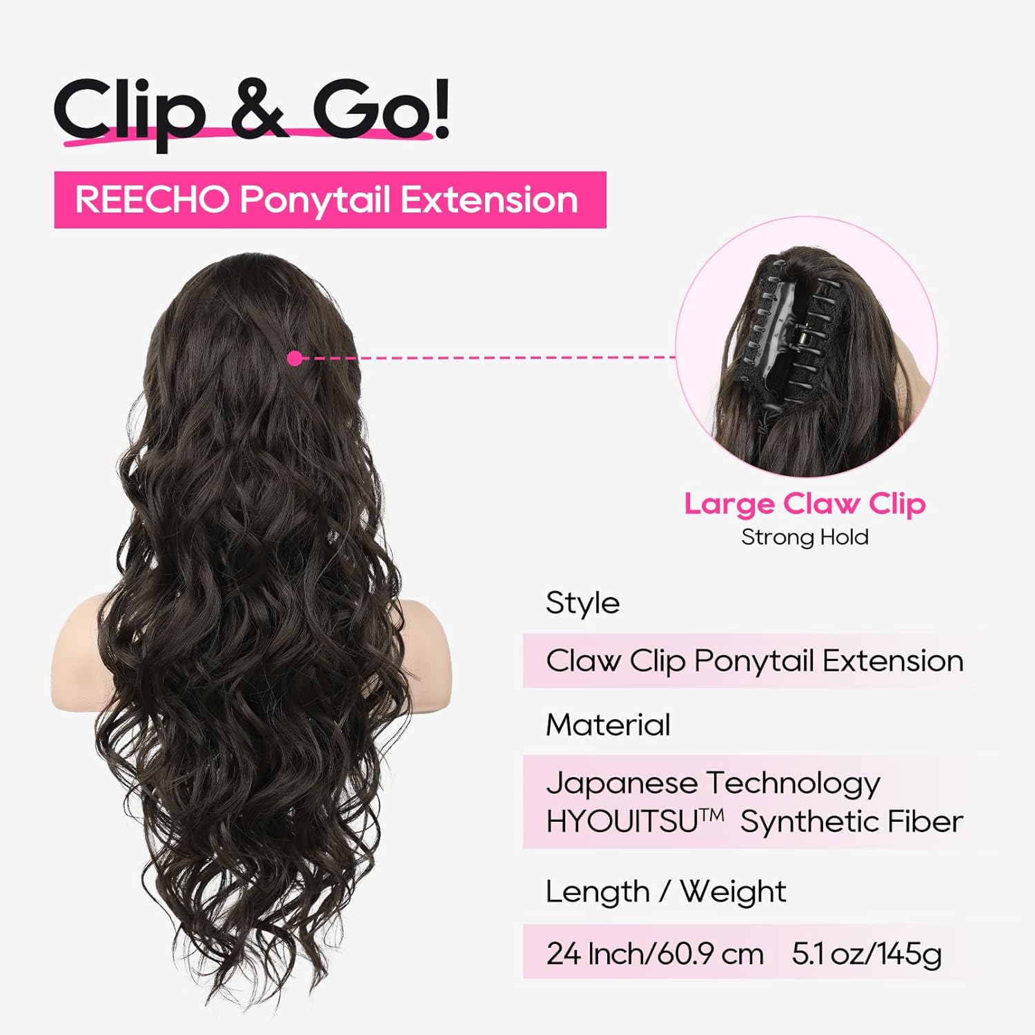 REECHO Ponytail Extension, 24" Claw Clip Ponytail Extension Wavy Ponytails Hair Extensions Jaw Clip on Pony Tails Natural Synthetic Hairpiece for Women Daily, Dark Brown - Image 2
