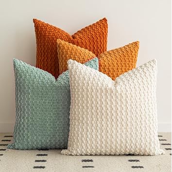 Decorative Soft Corduroy Throw Pillow Covers 18 x 18 Inch , Coastal Warm | Set of 4, Cream to Orange, Modern Boho Farmhouse Cushion Covers Cases for Couch Sofa Bed Living Room, Neutral Home Decor