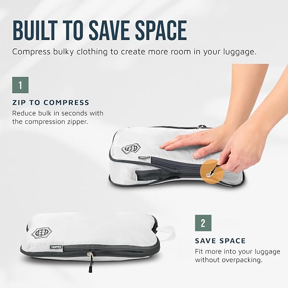 Extra Large Compression Packing Cubes for Travel-Extra Large Packaging Cube Luggage Organizers 7 Piece Set-Ultralight, Expandable/Compression Bags for Clothes (White/Grey)