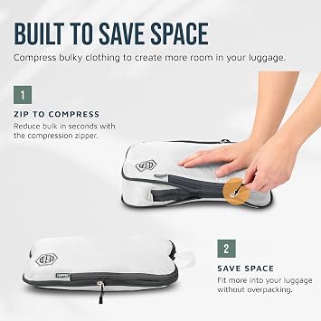 Extra Large Compression Packing Cubes for Travel-Extra Large Packaging Cube Luggage Organizers 7 Piece Set-Ultralight, Expandable/Compression Bags for Clothes (White/Grey)