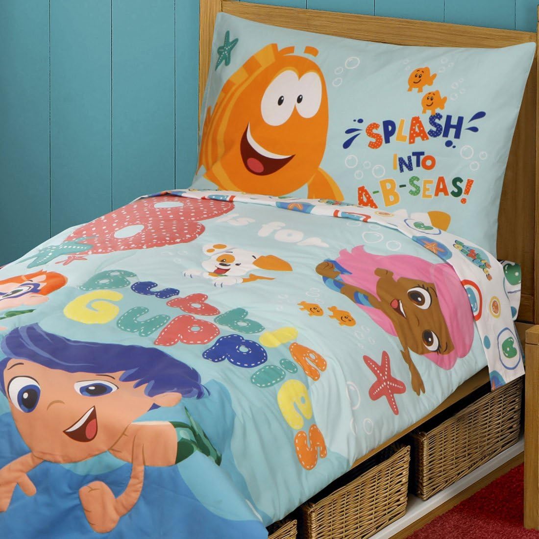 Nickelodeon Bubble Guppies 4 Piece Toddler Bedding Set, Aqua