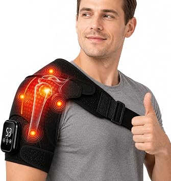 Cordless Shoulder Heating Pad, Neck and Shoulder Massager with Vibration, Adjustable Heated Rotator Cuff Shoulder Support Brace Electric Massage for Pain Relief of Men Women
