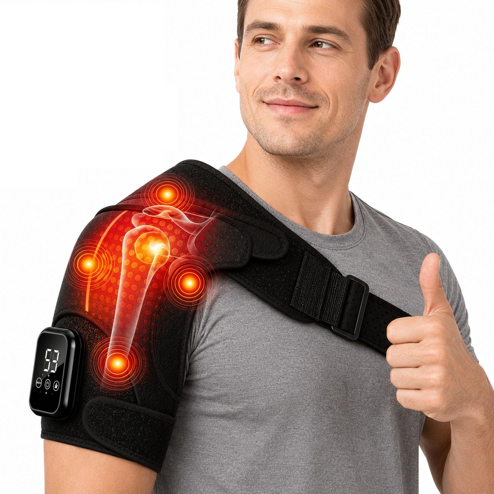 Schultermassagegerät Triple, Nacken Schulter Massagegerät Gerät mit Vibration & Wärme, 5000mAh Schulterbandage Schultergurt Muttertagsgeschenk Vatertagsgeschenk für Zuhause Büro