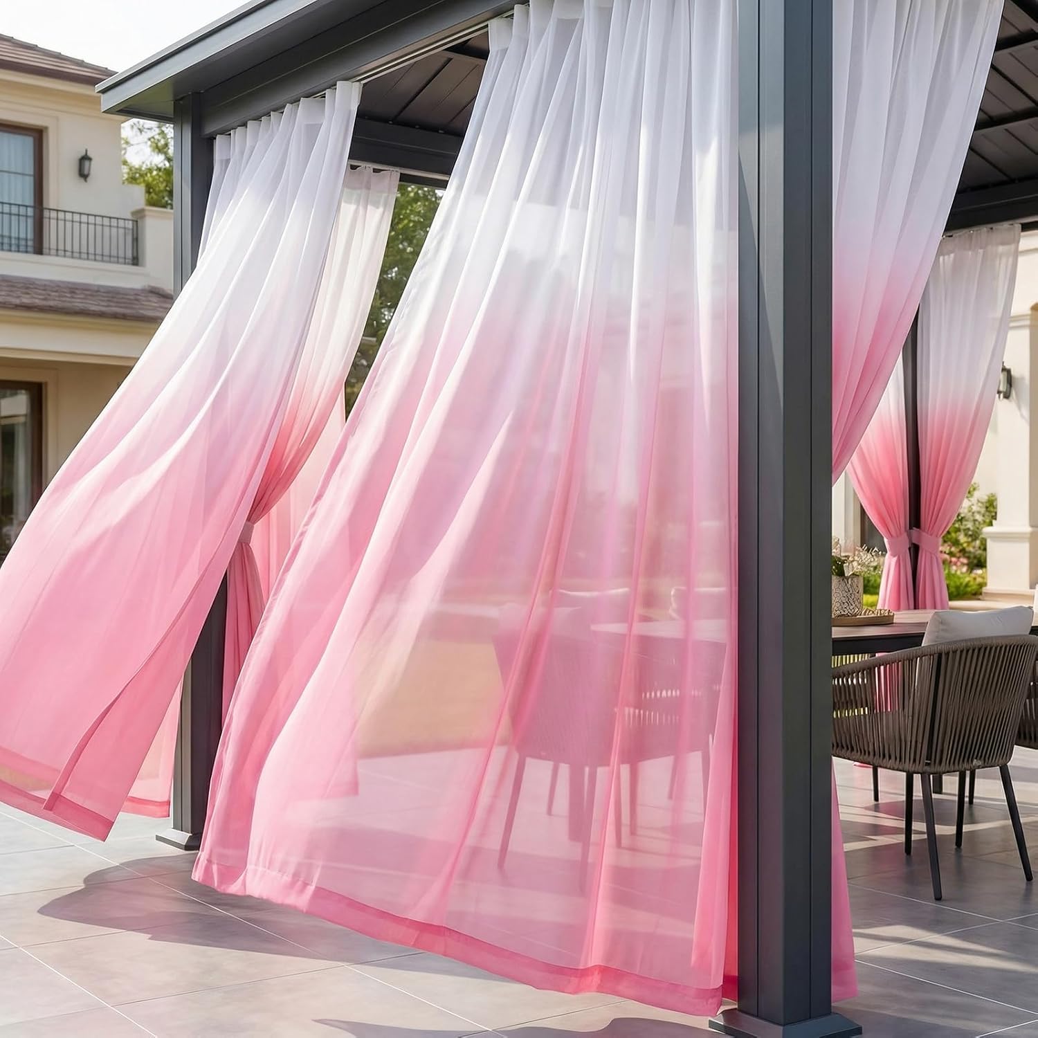 Outdoor Sheer Curtains for Patio, 2 Panels Waterproof Rod Pocket Gradient Indoor Voile Sheer Curtain for Living Room, Bedroom, Porch, Pergola, Pink, W52 x L84